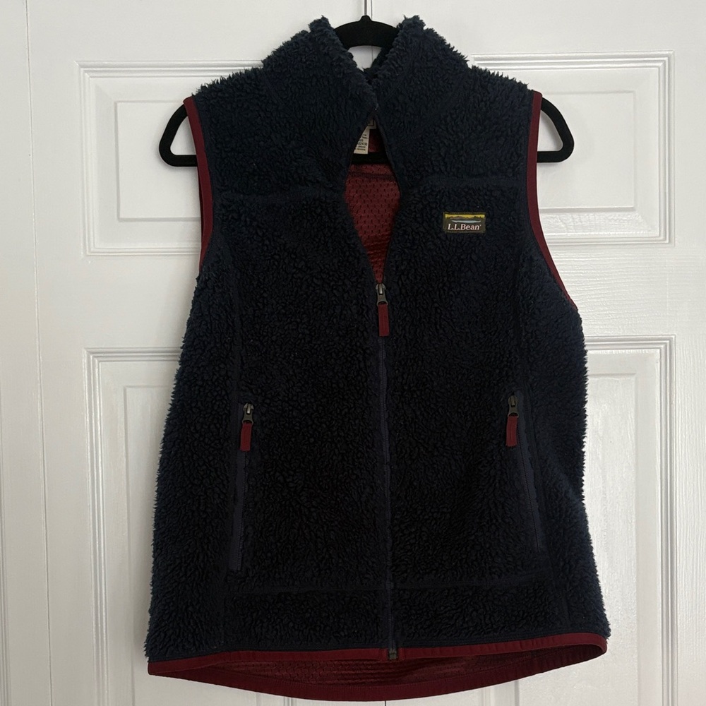 L.L. Bean Navy Sherpa Vest with Burgundy Accents